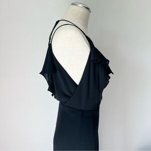 Bebe ruffle front double slit black gown